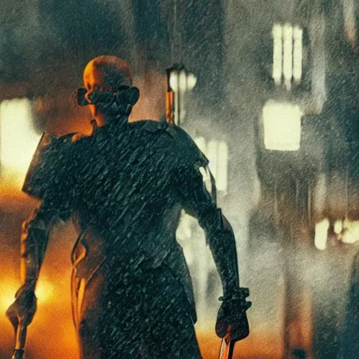 Image similar to weapon made from old egg beater, balding older cyborg repairing, red hot soldering iron, dark messy smoke - filled cluttered workshop, dark, dramatic lighting, orange tint, cinematic, highly detailed, sci - fi, futuristic, movie still from blade runner