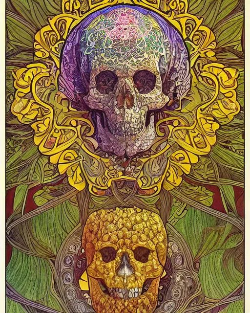 Prompt: Carved ancient skull art surrounded by varities of pineapple, cell shading, voronoi, fibonacci sequence, sacred geometry by Alphonse Mucha, Moebius, hiroshi yoshida, Art Nouveau, colorful, ultradetailed, vivid colour, 3d