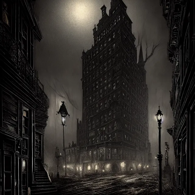 Image similar to haunted gothic hotel, 1920s boston overlooking a dark street, lovecraft, paul carrick, photorealistic, dark, atmospheric lighting, intricate, ultra detailed by Paul Carrick, Lee Gibbons, well composed, best on artstation, cgsociety, epic, stunning, gorgeous, intricate detail, wow, masterpiece