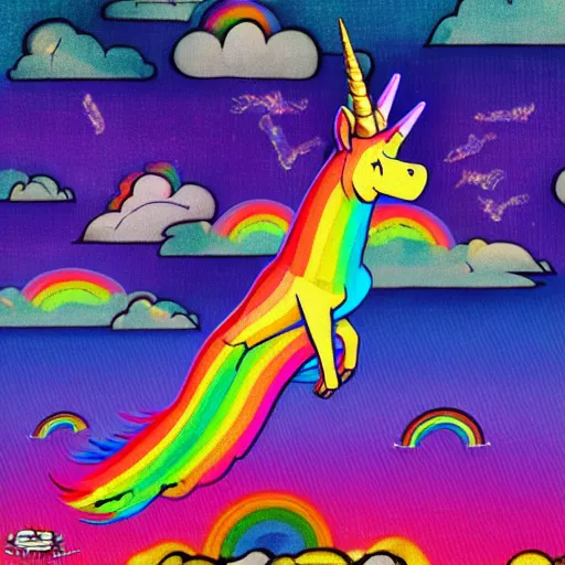 Prompt: old english sheet dog with a unicorn horn and wings flying in the sky with rainbows synthwave