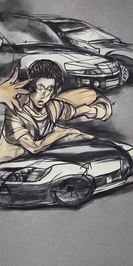 Image similar to man driving a import japanese car drawn in the style of Initial D