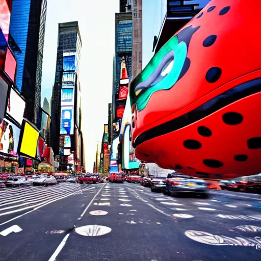 Prompt: a vibrant photograph of an oversized ladybug driving a car through times square new york, wide shot, outdoors, golden hour