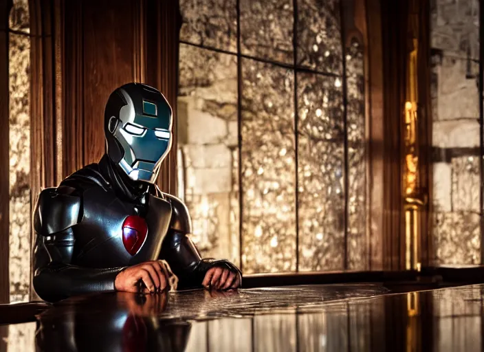 Prompt: a reflective steel engineering ironman - mask at a high end bar in a medieval themed castle in golden afternoon light, professional photography