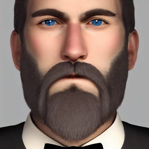 Image similar to a highly detailed portrait of a man, with a brown short beard and hair, blue eyes, wearing a tuxedo, artstation, deviantart, professional, unreal engine 5, photorealistic