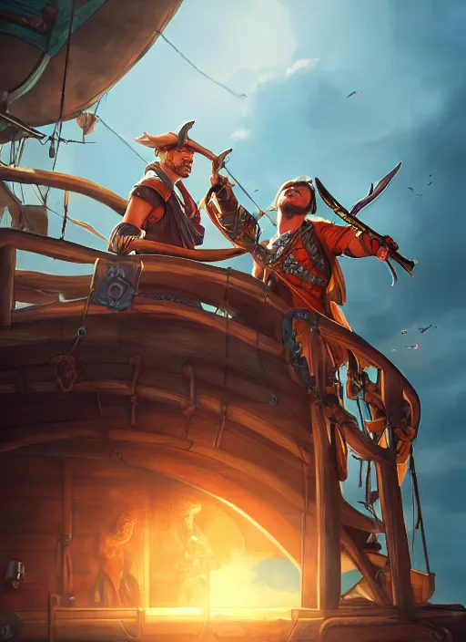 Image similar to an epic fantasy comic book style portrait painting of two bumbling idiot sky - pirates on the deck of a skyship looking at a chest, unreal 5, daz, hyperrealistic, octane render, cosplay, rpg portrait, dynamic lighting, very detailed faces