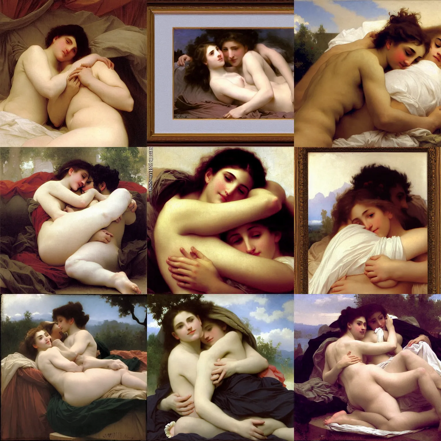 Prompt: a couple cuddling in bed covered by puffy clouds, by bouguereau