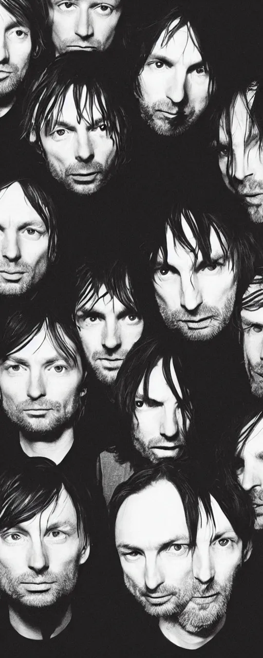 Prompt: disco diffusion portrait of Thom Yorke, Jonny Greenwood, Ed O'Brien, Colin Greenwood, Philip Selway, hiding in the bushes looking shifty