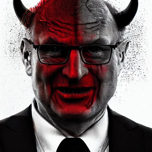 Image similar to avram glazer as the devil reincarnate, owner of manchester united football club, portrait, pure evil, devils horns, avram glazer, satan, hell, 8 k, hyperrealism, symmetry, cinematic lighting - h 9 6 0