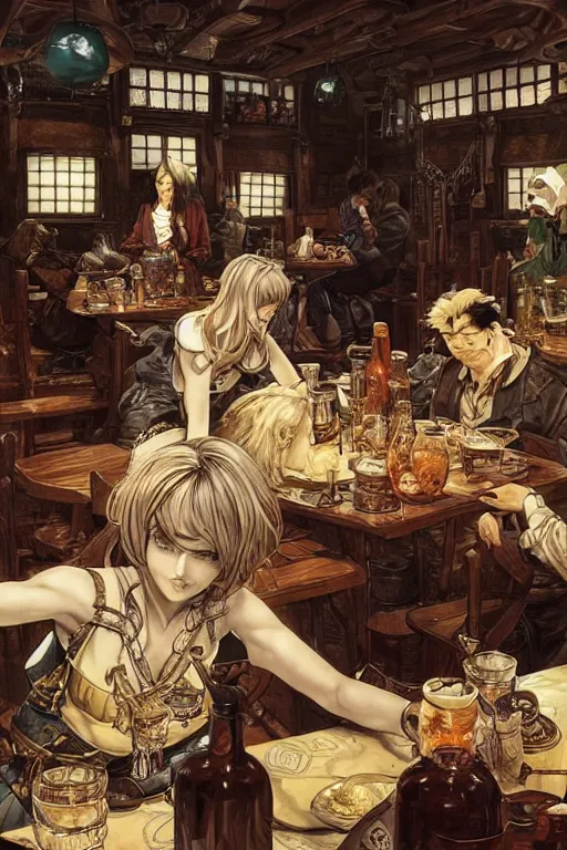 Image similar to Fantasy Scene of a Empty tavern full of Spilled ooze, manga, highly detailed, beauty, art by Takehiko Inoue, Artgerm, intricate, elegant, J. C. Leyendecker