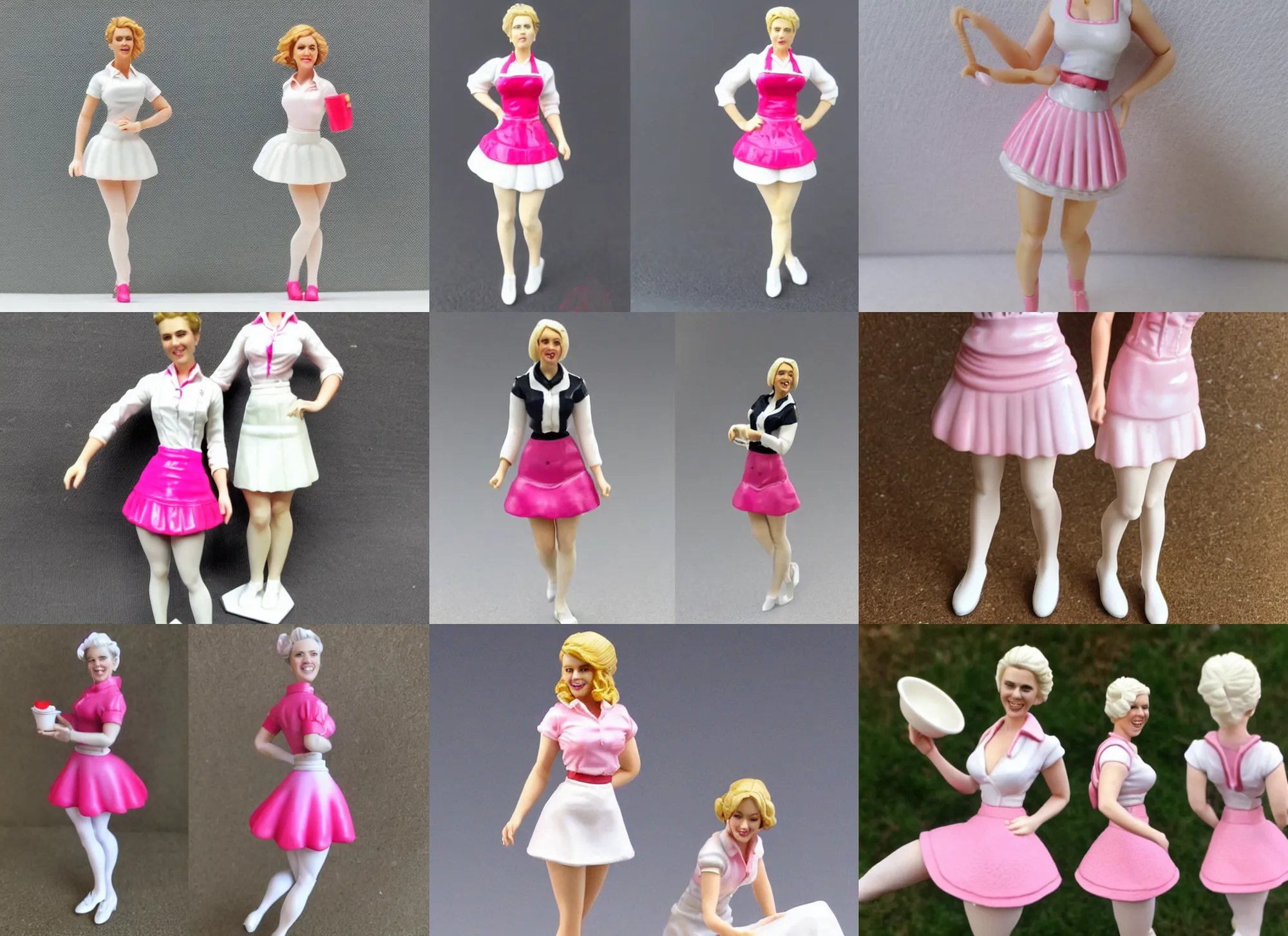 Prompt: 80mm resin detailed miniature of a Scarlett Johansson as Waitress, white blouse, Pink tight mini-skirt, white apron, White tights, smile, on textured base; store website, eBay, Full body;