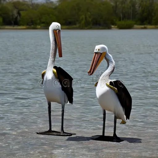 Prompt: Two pelicans standing head to head, one in black, one in white suit, hats, Spy vs Spy, Spy vs Spy, high-detail stock photo