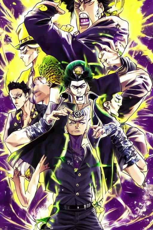 Image similar to jojo's bizarre adventure, jotaro kujo, manga cover, jojolion style, dio, art by keisuke itagaki, modern fashion outfit, tetsuo hara art, sun ken rock art style, boichi art, rohan kishibe, dynamic poses, manga issue