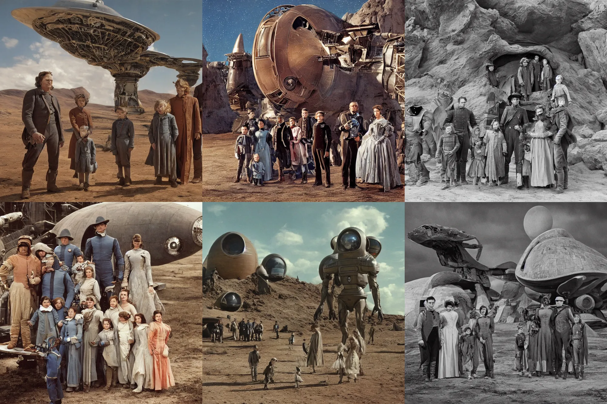 Prompt: highly detailed, 68719476736k film still from a sci fi blockbuster color movie made in 2019, set in 1860, of a family standing in front of a spaceship that has just landed on an alien planet, a humanoid alien creature stands nearby, the family are all wearing 1860s era clothes, in focus, good lighting, good photography, ultra high definition