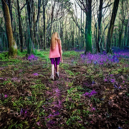 Image similar to a photo of beautiful girl walking through the astral plane mushroom forest using the gem of souls and life 4 k