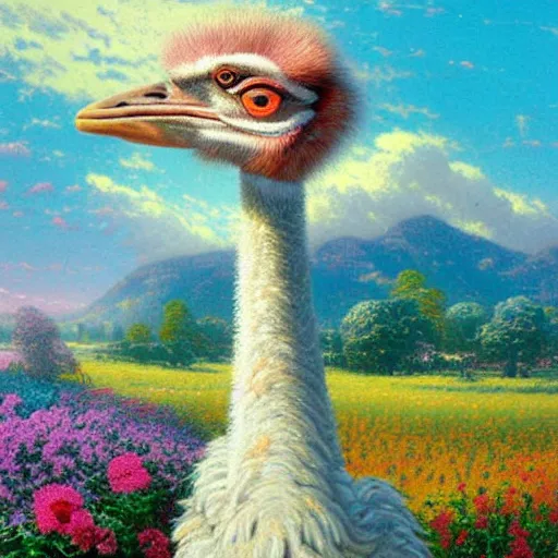 Prompt: the painting is of an ostrich in a field of flowers. the ostrich is a beautiful white bird with long legs. the flowers are a mix of colors including yellow, orange, and pink. the background is a blue sky with clouds. thomas kinkade