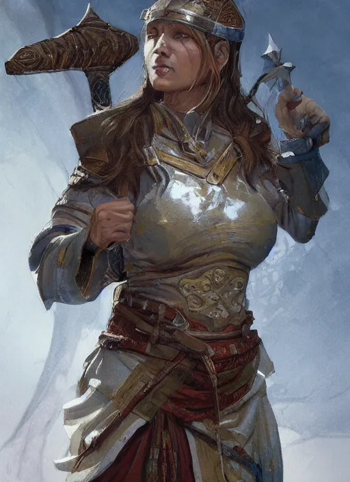 Image similar to highly detailed painting of a cleric warrior woman by jon foster, high fantasy, trending on artstation