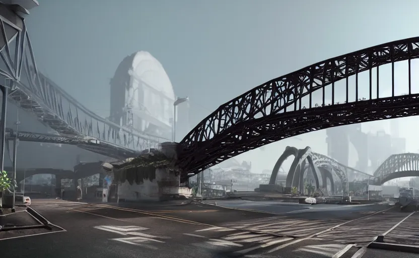 Image similar to a big harbour bridge collapses after explosions in the form of white cotton plants, 3 d octane render, epic lighting, 8 k, by goro fujita