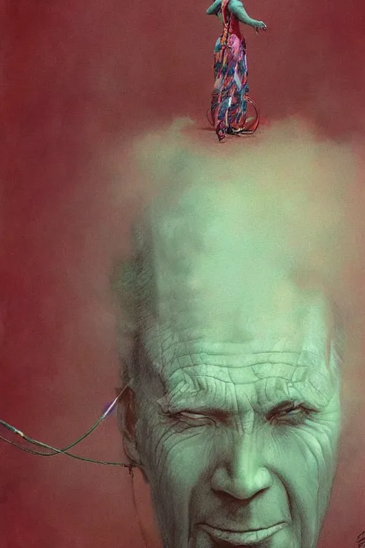 Prompt: a portrait of Jim Rose from the Jim Rose Circus Sideshow, psychadelic digital painting by Zdzislaw Beksinski