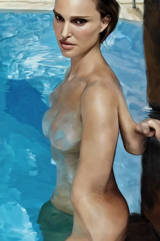 Prompt: Natalie Portman Next to the pool,digital art,ultra realistic,ultra detailed,art by Jenny Saville