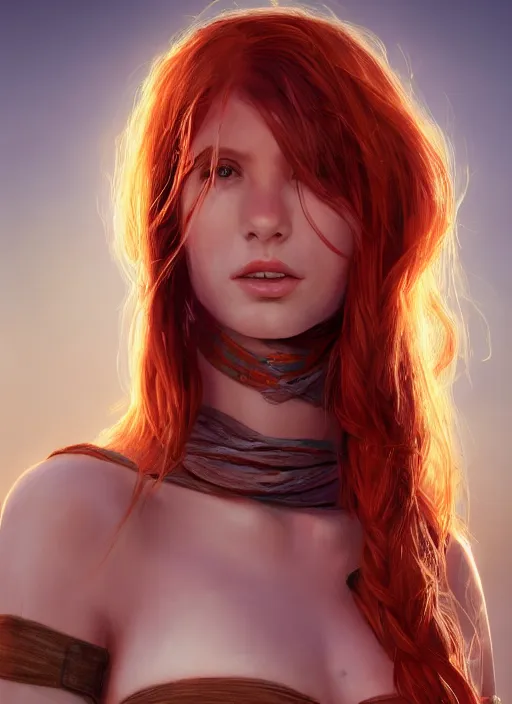 Image similar to Redhead girl which chest wrapped in bandages in desert, portrait, fantasy, medieval, vivid colors, fantasy, elegant, concept art, sharp focus, beautiful face, digital art, Hyper-realistic, 4K, Unreal Engine, Highly Detailed, HD, Dramatic Lighting by Brom, trending on Artstation