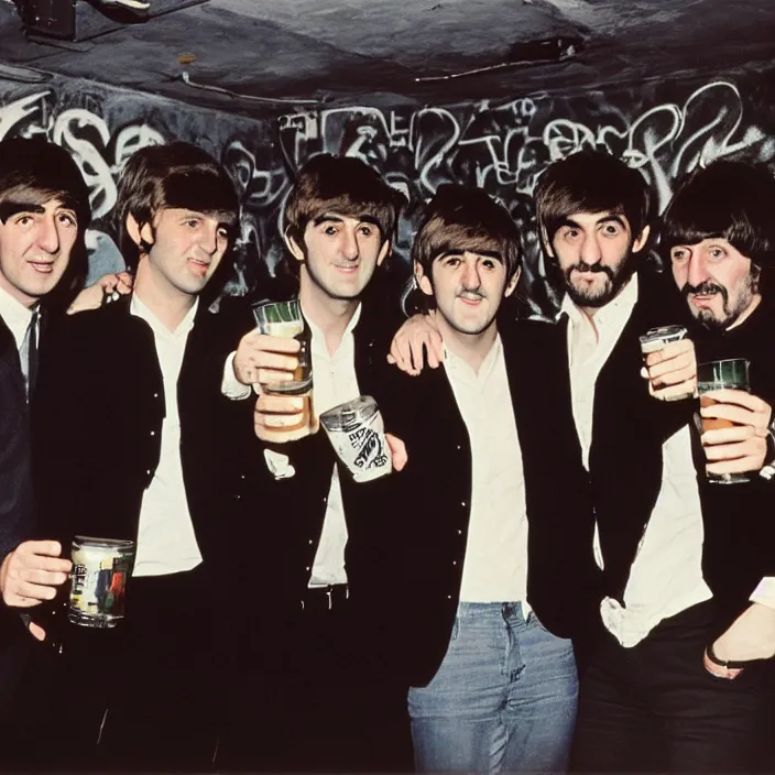 Image similar to The four Beatles drink beer in a 1980s underground club, graffiti on the walls, photo by annie leibovitz, shot on a Mamiya RZ67, 4k