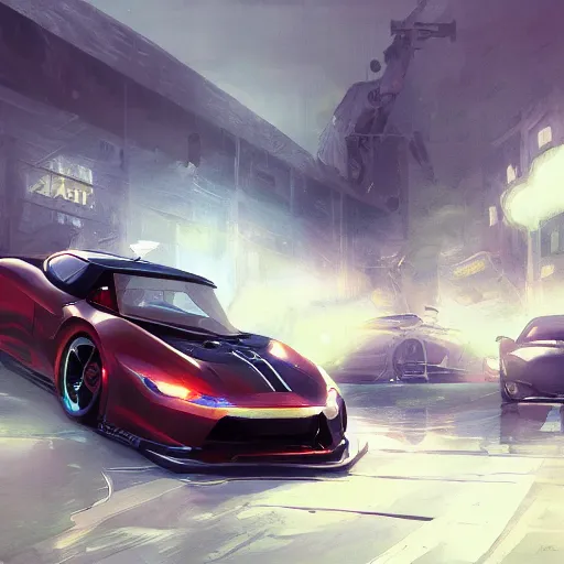 Prompt: custom street racing car, elegant, digital painting, concept art, smooth, sharp focus, art style from Wang Ke and Greg Rutkowski and Bruce Kaiser and Scott Robertson and Dmitry Mazurkevich and Doruk Erdem and Jon Sibal, small style cue from iRobots