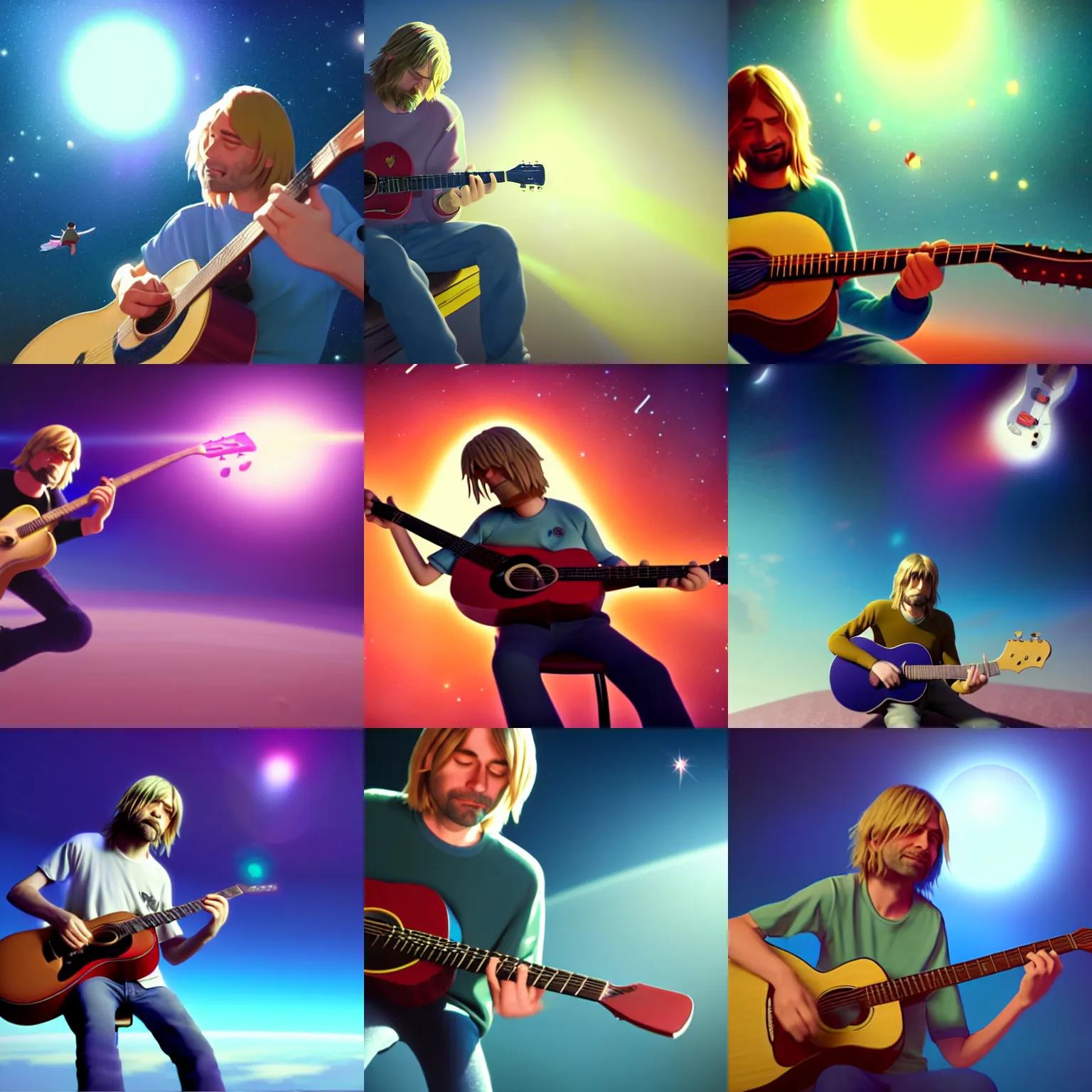 Prompt: a wholesome animation key shot of kurt cobain playing an acoustic guitar while floating in space, volumetric light, medium shot, waist up, studio ghibli, pixar and disney animation, sharp, rendered in unreal engine 5, anime key art by greg rutkowski, bloom, dramatic lighting