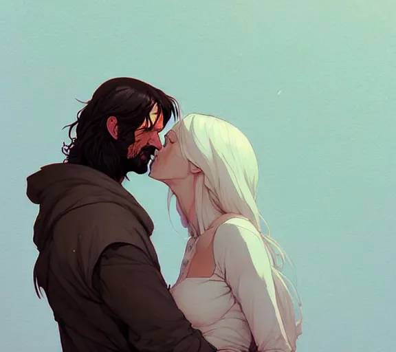 Image similar to portrait of aragorn kissing arven by atey ghailan, by greg rutkowski, by greg tocchini, by james gilleard, by joe fenton, by kaethe butcher, dynamic lighting, gradient light blue, brown, blonde cream and white color scheme, grunge aesthetic