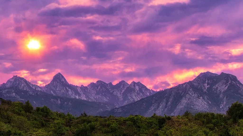 Prompt: Beautiful lush mountains under the pink clouds backlit by the sun