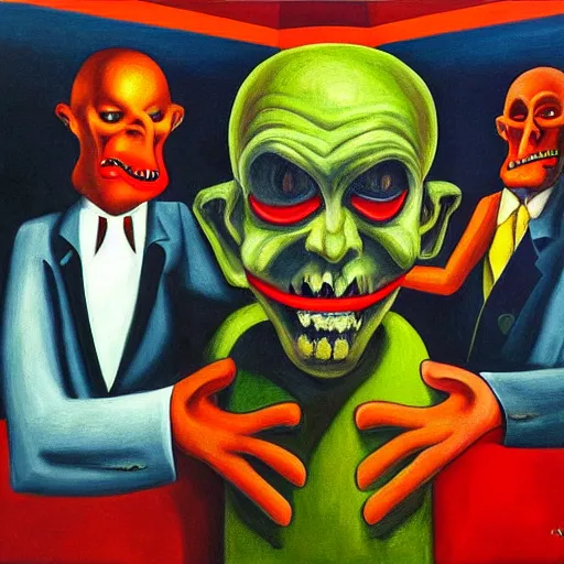 Prompt: laughing evil mastermind, human subjugation, mind control, dystopian, pj crook, edward hopper, oil on canvas