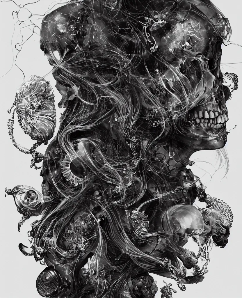 Image similar to close-up portrait goddess skull, thorax, x-ray, backbone, jellyfish phoenix head, nautilus, orchid, skull, betta fish, bioluminiscent creatures, dark deep background, intricate artwork by Tooth Wu and wlop and beeple. octane render, trending on artstation, greg rutkowski very coherent symmetrical artwork. cinematic, black and white, contrast, hyper realism, high detail, octane render, 8k