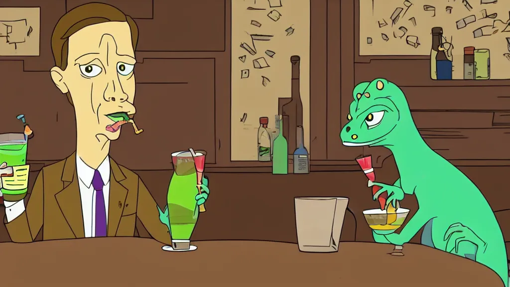 Prompt: steve buscemi as a lizard drinking a cocktail in a karaoke bar in the style of bojack horseman animation