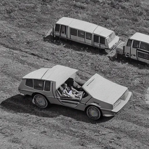 Prompt: a birds - eye view monochromatic sepia photograph of a delorean in a line of covered wagons and cattle,