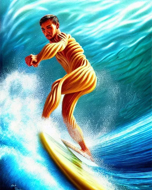 Image similar to surfing in a sea of pasta, detailed realistic sport art, artgerm