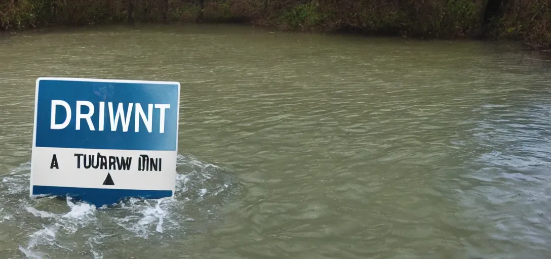 Prompt: a turn around dont drown sign under water