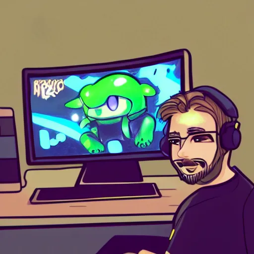 Image similar to a professional drawing of vinny vinesauce streaming and playing computer games, fanart, trending on artstation, by kawacy