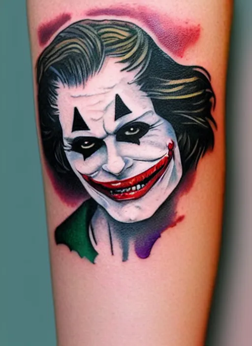 Image similar to a tattoo design of a joker girl holding an ace, hyper realistic