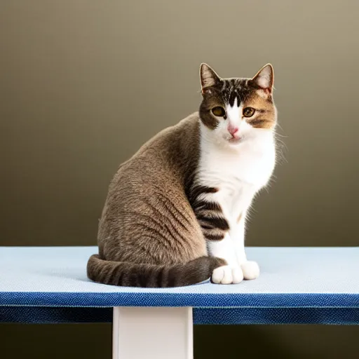 Image similar to cat on a table. wide shot