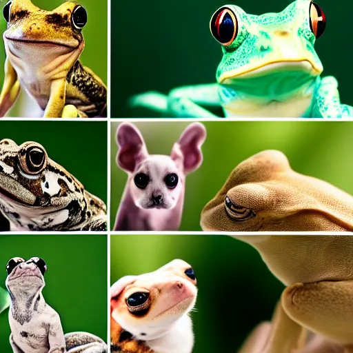 Image similar to a portrait photo of frog dog rabbit gecko, award winning photography, 5 0 mm