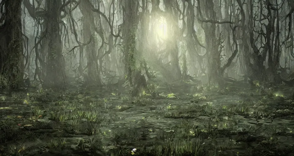 A dense and dark enchanted forest with a swamp, from