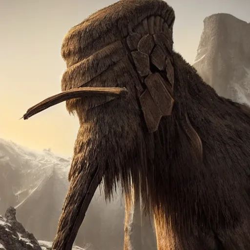 Image similar to hyperrealistic mixed media image of mammoth tusk and mammoth hide armor from skyrim, stunning 3 d render inspired art by greg rutkowski and xiang duan and thomas eakes, perfect facial symmetry, flesh texture, realistic, highly detailed attributes and atmosphere, dim volumetric cinematic lighting, 8 k octane detailed render, post - processing, masterpiece,