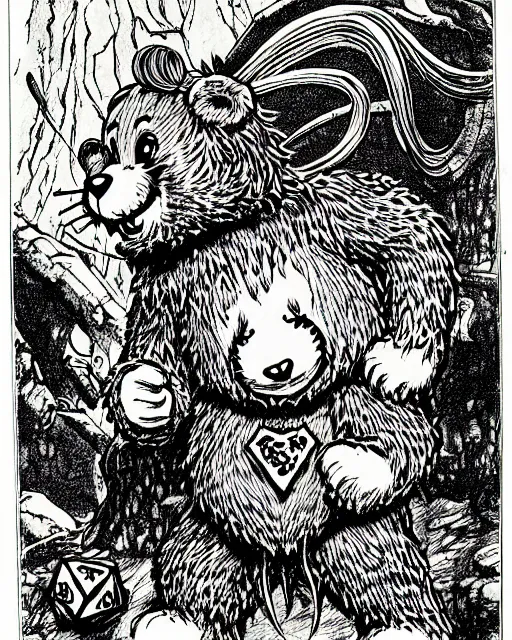 Image similar to a care bear as a d & d monster, pen - and - ink illustration, etching, by russ nicholson, david a trampier, larry elmore, 1 9 8 1, hq scan, intricate details, high contrast