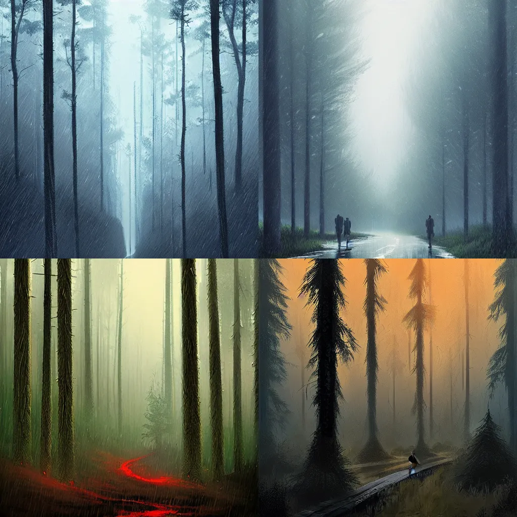 Prompt: Dauntless forests, rain, by Les Edwards and Alena Aenami