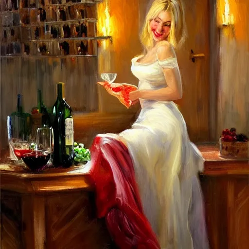 Prompt: pretty blonde beautiful woman in a wine cellar, elegant, red wine, meat, cheese, sausages, torches light the wall, impressionism, painting by Vladimir Volegov