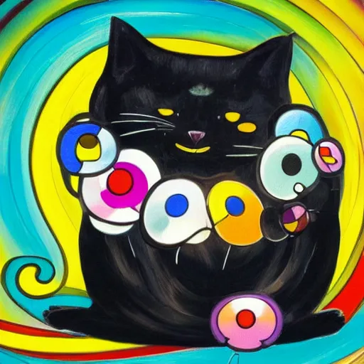 Prompt: an oil painting of a cute fat black cat sleeping in the style of takashi murakami