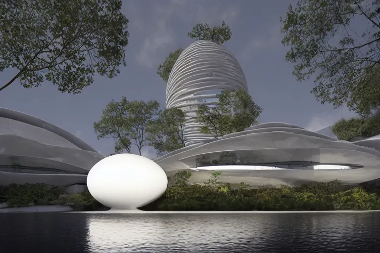 Prompt: a building formed by the combination of many white spherical and egg shaped circular spaces. on the calm lake, people's perspective modern curved architecture, future, wood, marble, metal award winning, highly detailed 4 k art, dusk, unreal engine highly rendered, global illumination, radial light, internal environment by kazuyo sejima