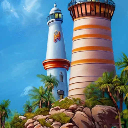 Prompt: painting of universal's islands of adventure lighthouse, universal orlando, artstation