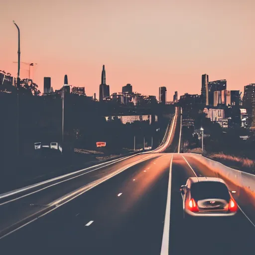 Prompt: photography of car driving down dark road during sunset jdm light posts city in the background