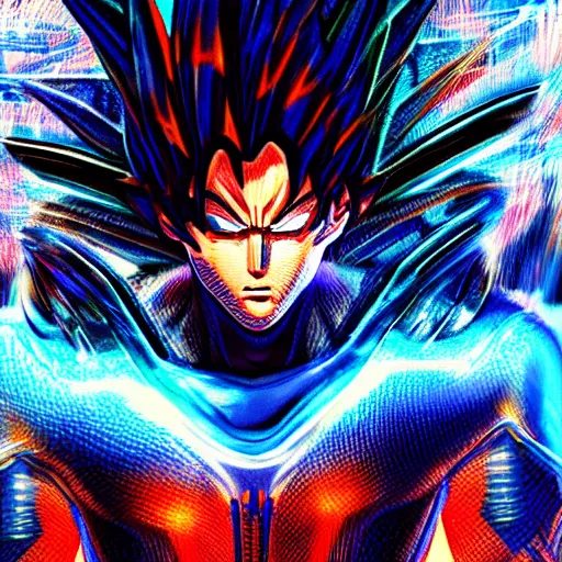 Prompt: Cyber Ultra Instict Goku Portrait, Smooth Digital Artwork, Fractal Chaos Background, Rendered in Maya, Hyperdetailed, Cinematic Shot, in style of Kentaro Miura