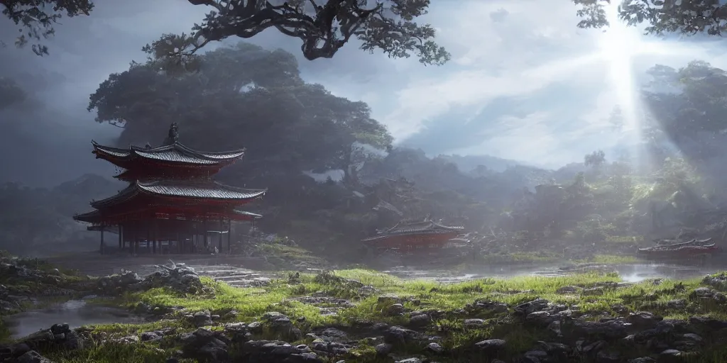 Image similar to an environmental concept art of ghost of tsushima, highly detailed, temple, god rays, environmental light, cinematic by francis tneh